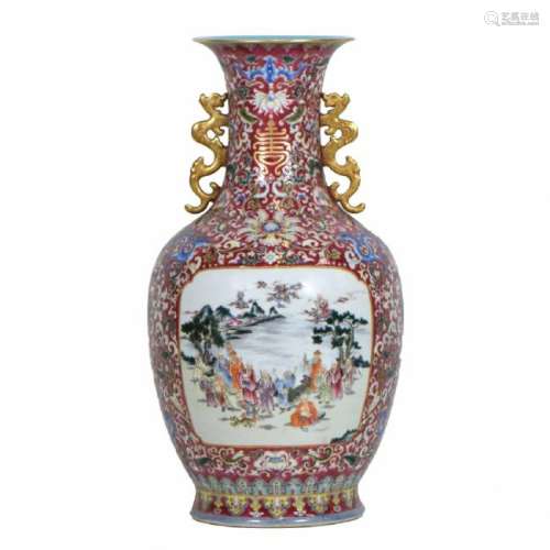 FAMILLE ROSE & GILT OPEN FACE RUBY GROUND VASE