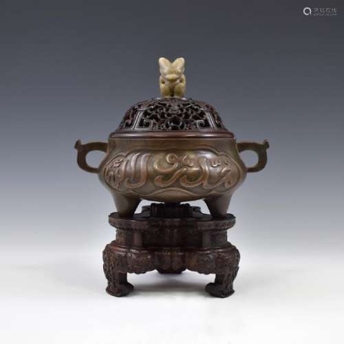 ANTIQUE BRONZE CENSER WITH JADE FINIAL ON STAND