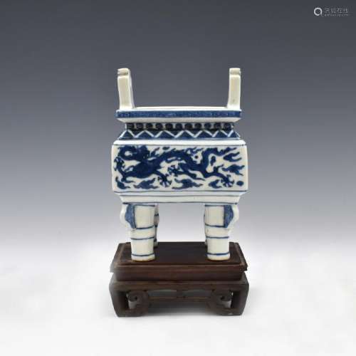 MING LONGQING BLUE & WHITE FANGDING CENSER ON STAND