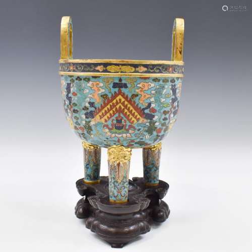 GILT BRONZE CLOISONNE TRIPOD CENSER ON STAND