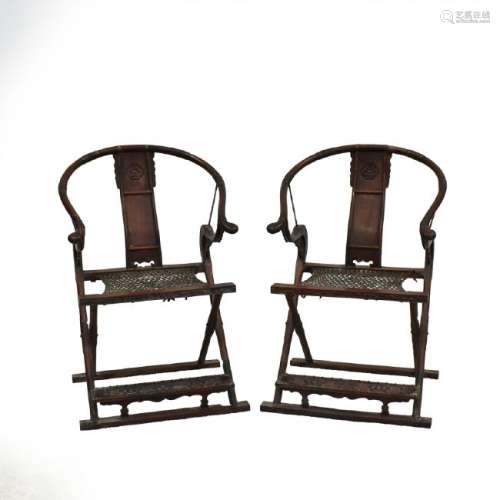 PAIR OF BRASS-MOUNTED HUANGHUALI FOLDING CHAIRS