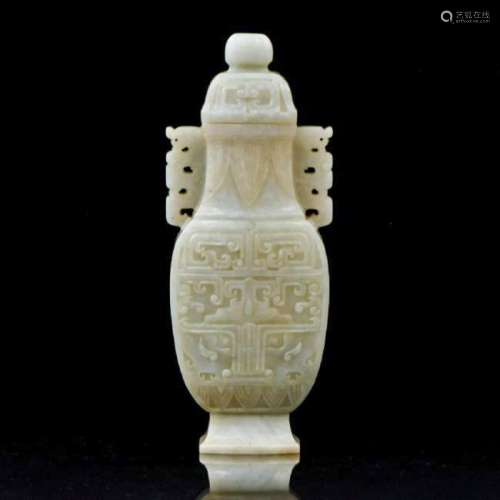 CHINESE CELADON JADE URN WITH TAOTIE MOTIF