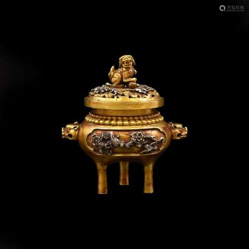 JIAQING FU DOG SILVER GILT BRONZE TRIPOD CENSER