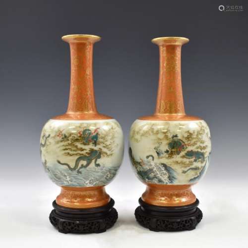 PAIR YONGZHENG OPEN FACE VASES ON STAND