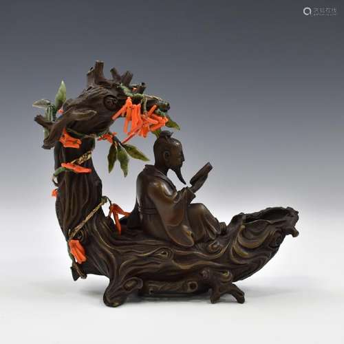 BRONZE & RED CORAL SCHOLLAR BENEATH TREE FIGURE