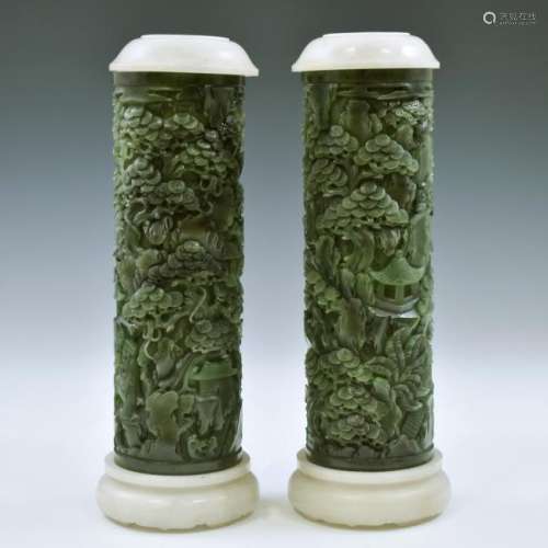 PAIR OF JADE INCENSE BURNERS WITH GREEN JADE LIDS AND