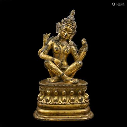 MING GILT BRONZE BUDDHA FIGURE OF SARASVATI