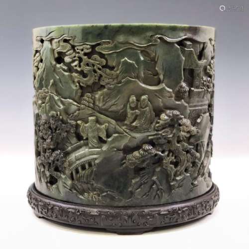 LARGE CHINESE GREEN JADE BRUSH POT ON STAND