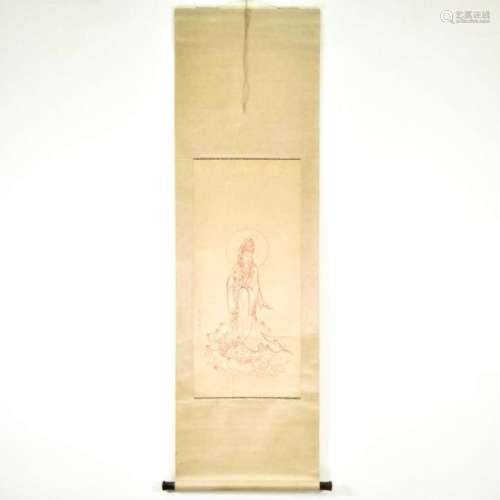 CHINESE RED INK GUANYIN SCROLL PAINTING