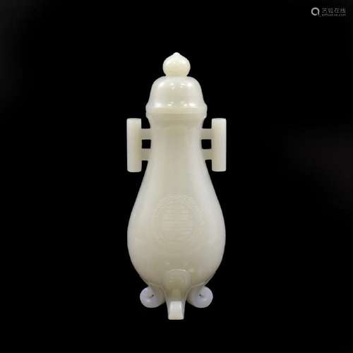 CARVED WHITE JADE CABRIOLLE VASE