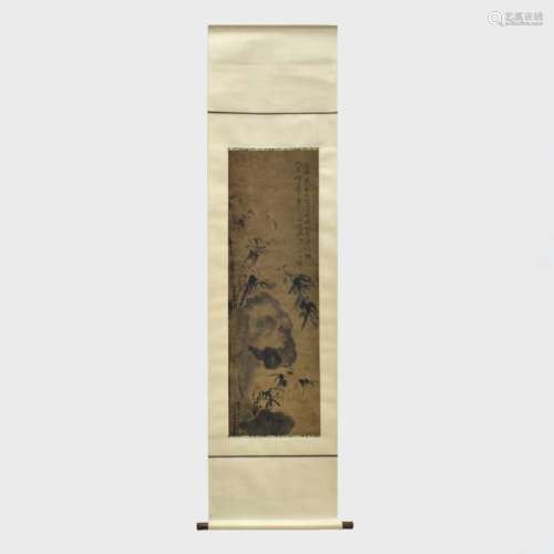 CHINESE SILK PAINTING OF BAMBOO & ROCK WORKS