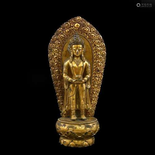 QING GILT BRONZE BUDDHA AMITAYUS & AURA CHAKRA NIMBUS