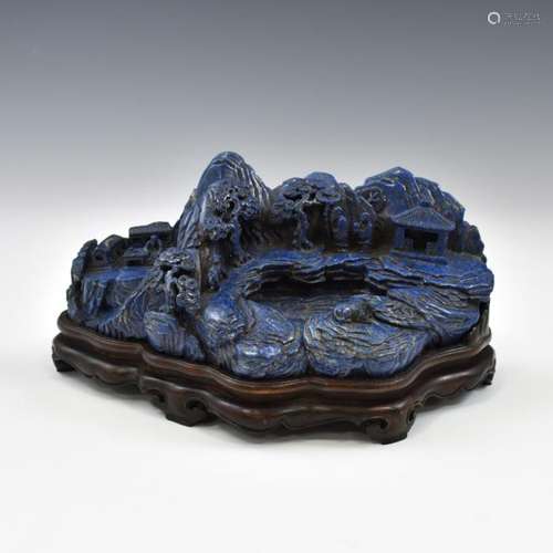 CARVED LAPIS LAZULI WATERSIDE MOUNTAIN LANDSCAPE