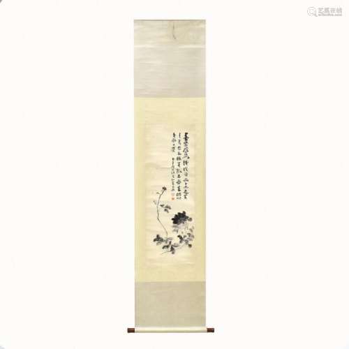 CHINESE SCROLL PAINTING OF PEONIES BLOOMS