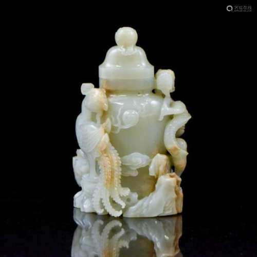 CHINESE JADE COVERED URN WITH DRAGON PHOENIX MOTIF