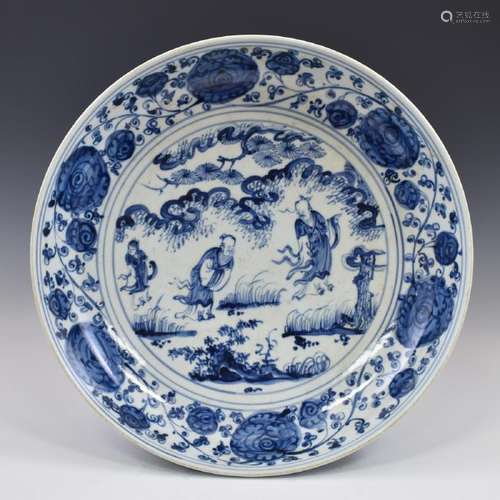 MING BLUE & WHITE FIGURINE PORCELAIN PLATE