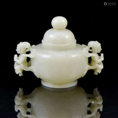 JADE COVERED CENSER WITH LADIES HANDLES ON STAND