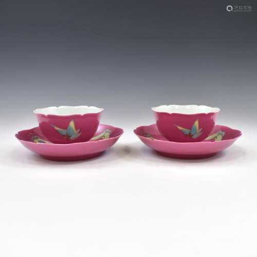 TWO SETS OF BUTTERFLY PINK BOWLS & SAUCERS