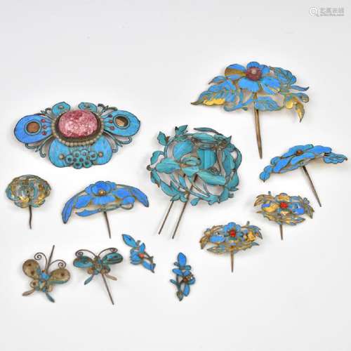 SET OF KINGFISHERS INLAID FILLIGREE HAIR PINS