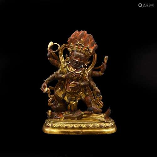 GILT BRONZE BUDDHA DEITY SIX-ARMED MAHAKALA