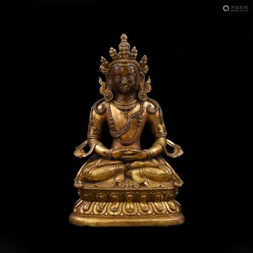 18TH C QING GILT BRONZE INLAID AMITAYUS BUDDHA