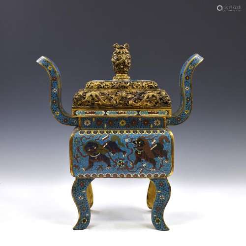 MING GILT BRONZE CLOISONNE FANGDING CENSER