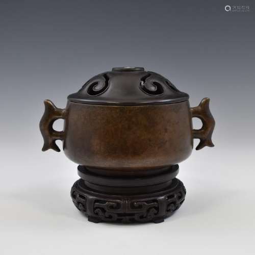 ANTIQUE BRONZE CENSER WITH HARDWOOD LID & STAND