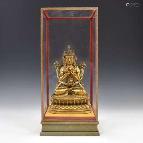 YONGLE GILT BRONZE BUDDHA AVALOKITESHVARA CHATURBHUJA