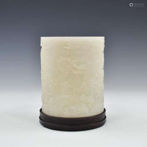 WHITE JADE CARVED BRUSH POT ON STAND