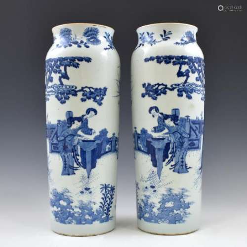 PAIR BLUE & WHITE FIGURIAL ELEPHANT LEG VASES