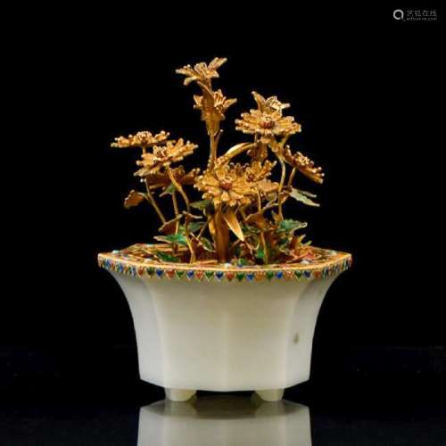 GILT SILVER FILIGREE ENAMELED JADE FLOWERS POT