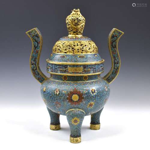 QING GILT BRONZE CLOISONNE COVERED TRIPOD CENSER