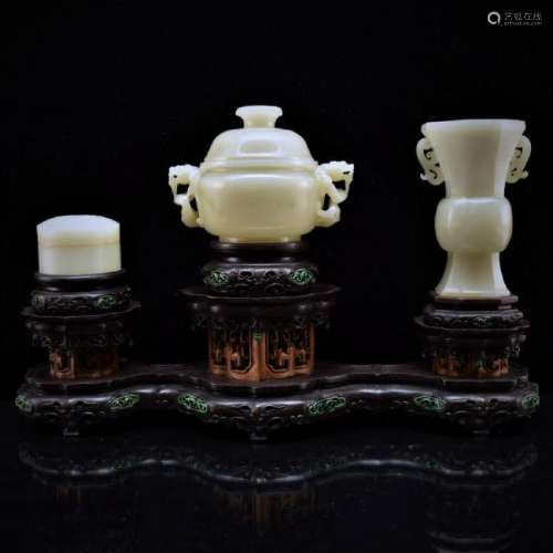 SET OF 3 CHINESE JADE CENSER, URN, & BOX