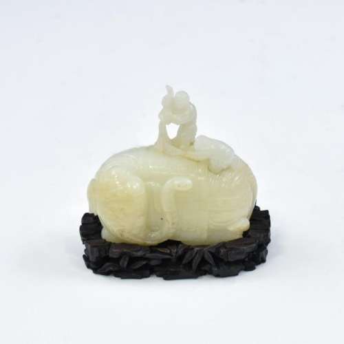 JADE CARVED TWO BOYS & ELEPHANT ON STAND