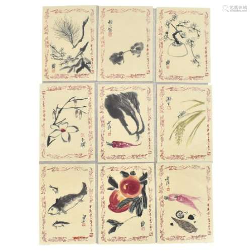 SET OF 9 CHINESE PAINTINGS OF FLORA & FAUNA