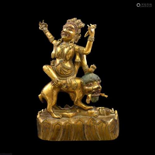 18TH C QING GILT BRONZE BUDDHA VAISHRAVANA RIDING LION