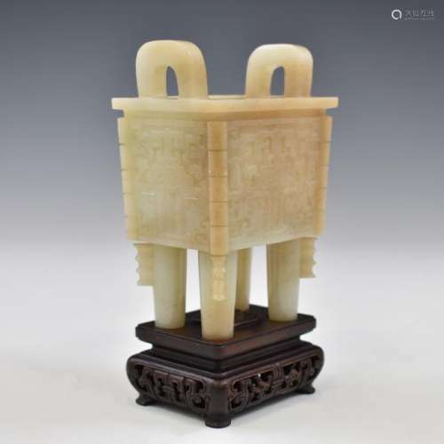 JADE CARVED FANGDING CENSER ON STAND