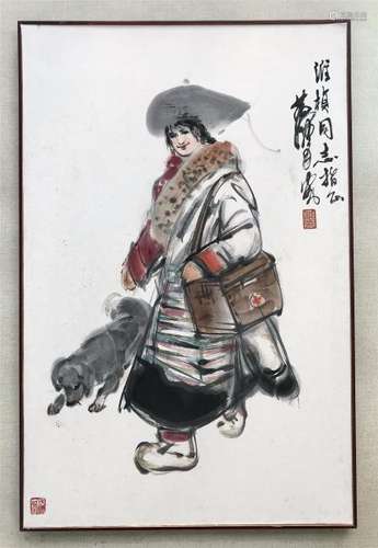 CHINESE SCROLL PAINTING OF GIRL WITH DOG