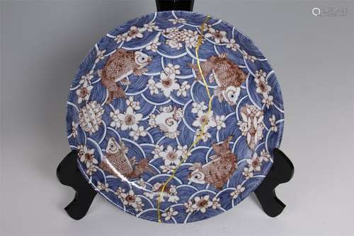 CHINESE PORCELAIN BLUE AND WHITE RED UNDER GLAZE FLOWER