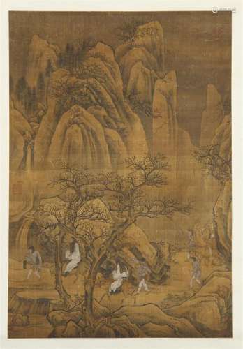 CHINESE SCROLL PAINTING OF MEN IN MOUNTAIN