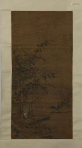 CHINESE SCROLL PAINTING OF MAN IN TREE ON SILK