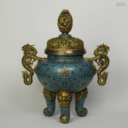 LARGE CHINESE CLOISONNE LIDDED DRAGON HANDLE TRIPLE