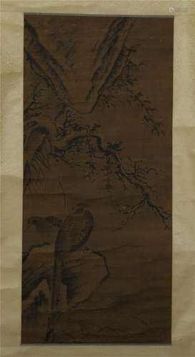 CHINESE SCROLL PAINTING OF BIRD ON ROCK