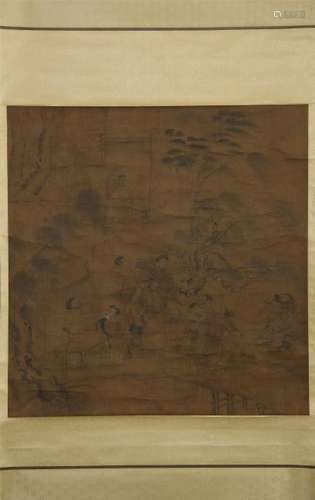 CHINESE SCROLL PAINTING OF FIGURES IN MOUNTAIN