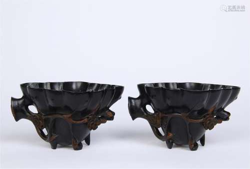 PAIR OF CHINESE ZITAN LOTUS CUPS