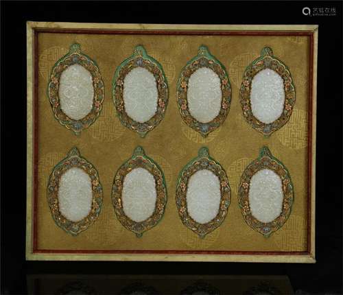 EIGHT GILT SILVER ENAMEL DÃCOR WHITE JADE PLAQUES