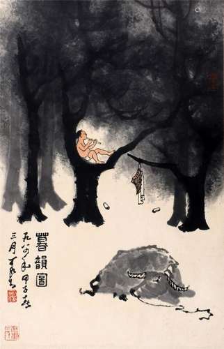 CHINESE SCROLL PAINTING OF BOY AND OX