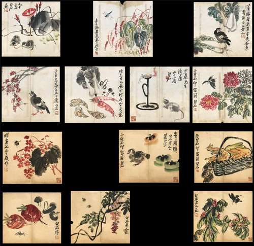 THIRTEEN PAGES OF CHINESE ALBUM PAINTING OF BIRD AND