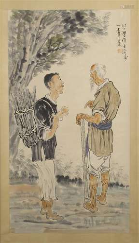 CHINESE SCROLL PAINTING OF TWO MEN UNDER TREE