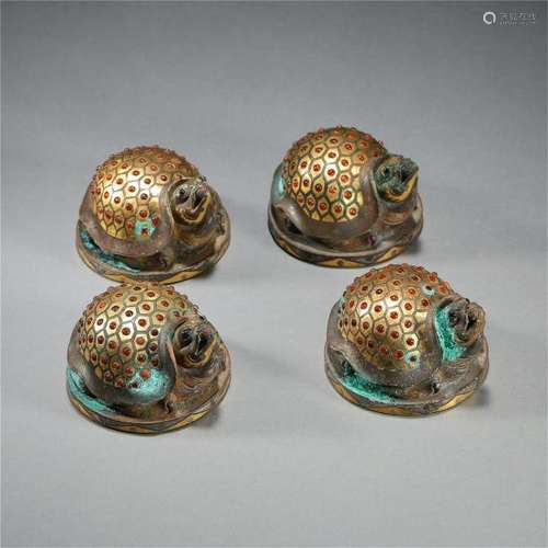 CHINESE GEM STONE INLAID PARTLY GILT SILVER TURTLE